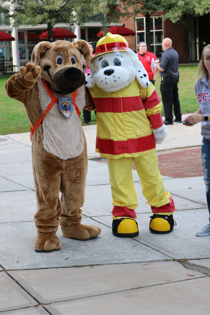 A photo of eady the Prepared Puppy and Sparky at Keene State College's Campus Night Out.
