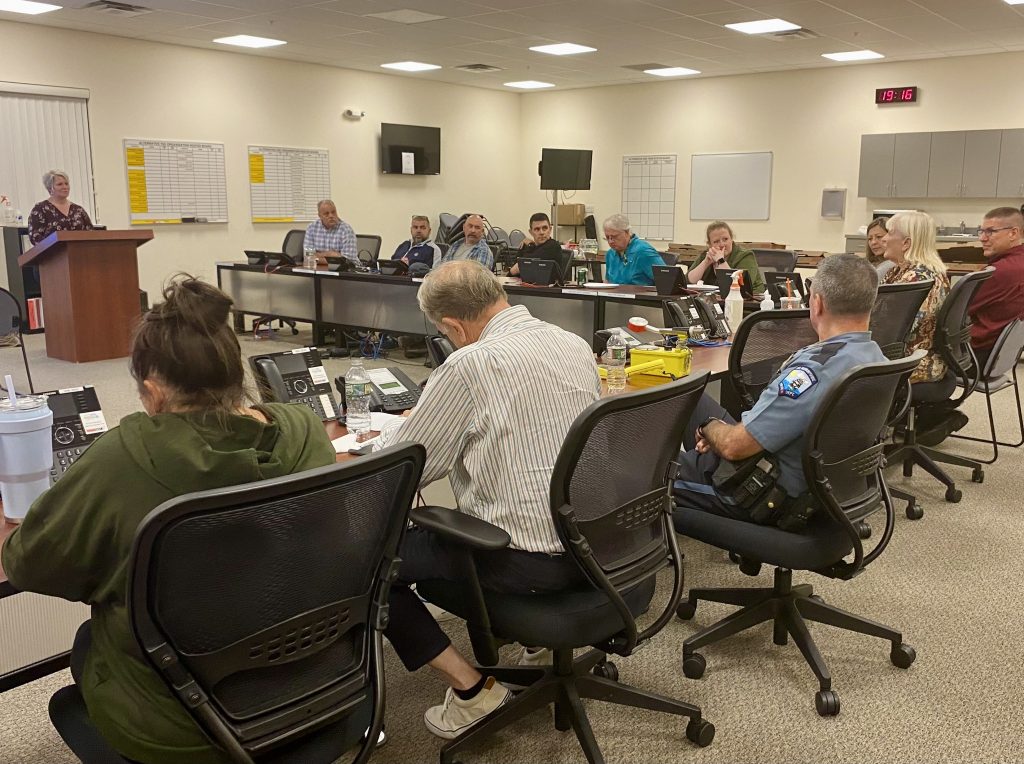 A group of people sit around tables in a room with a person standing at a podium in front of the group. 