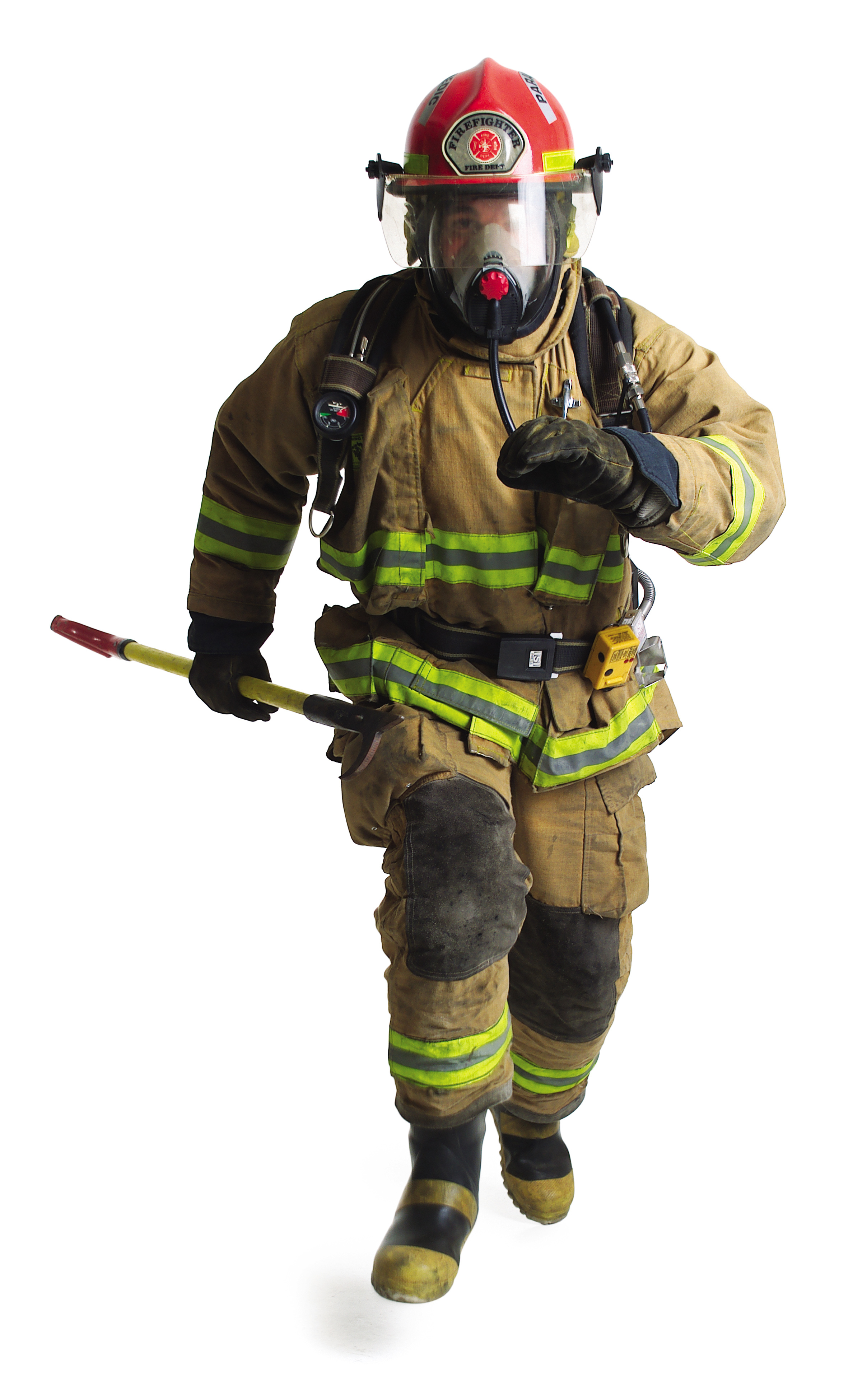a firefighter in full gear runs forward carrying a fire axe